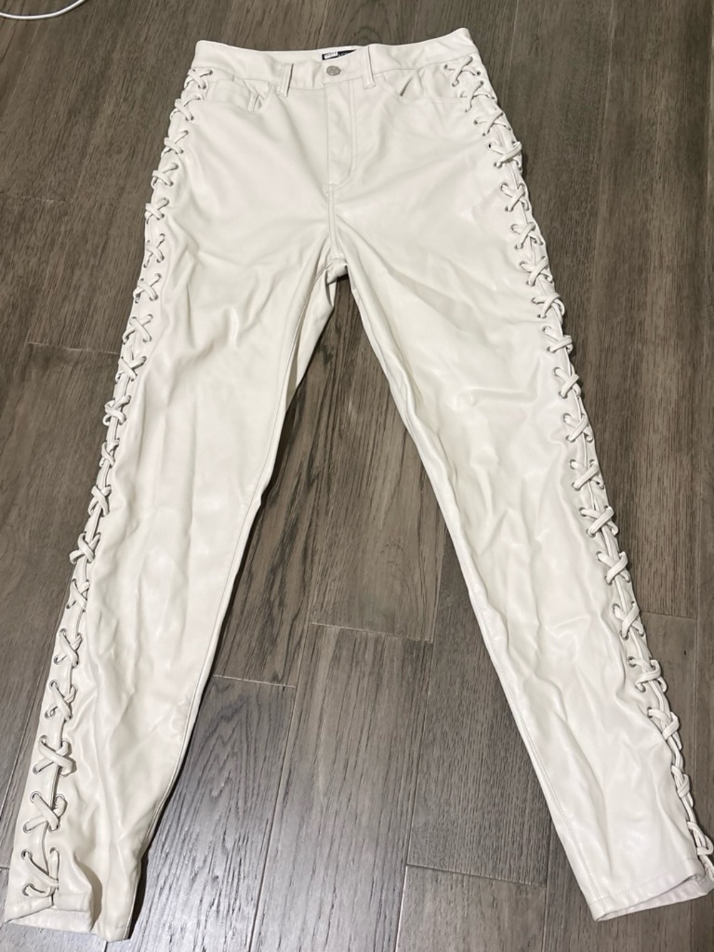 AFRM White Faux Leather Pants with Branded Button